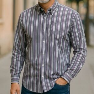 Michael Kors Men’s Size L Button Up Collar Plum Dress Striped Shirt .